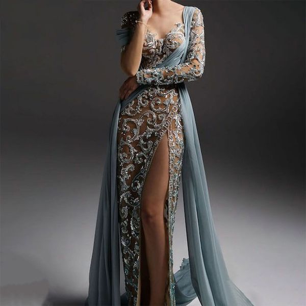 Blass staubiges Blau High Split Meerjungfrau Abendkleider Kleider 2022 Perlen Luxus Elegant für Frau Party Abendkleid