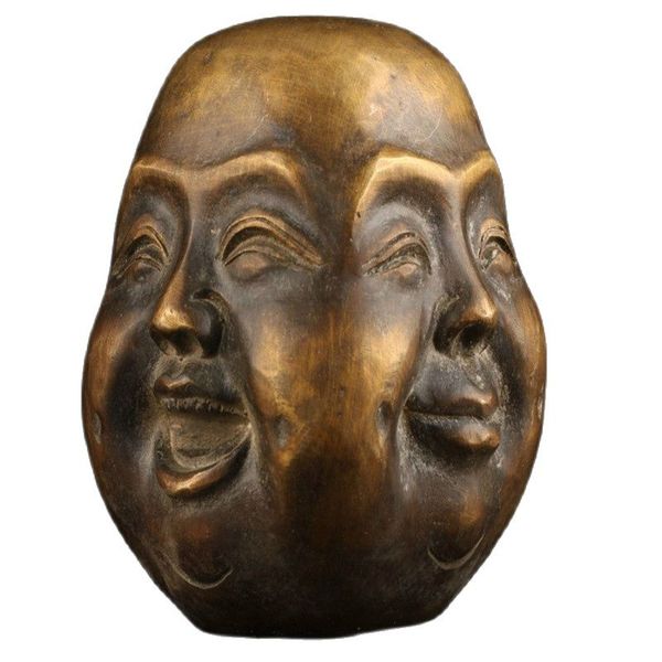

old collectable bronze casting joys sorrows spiritual four face buddha statue head, Black
