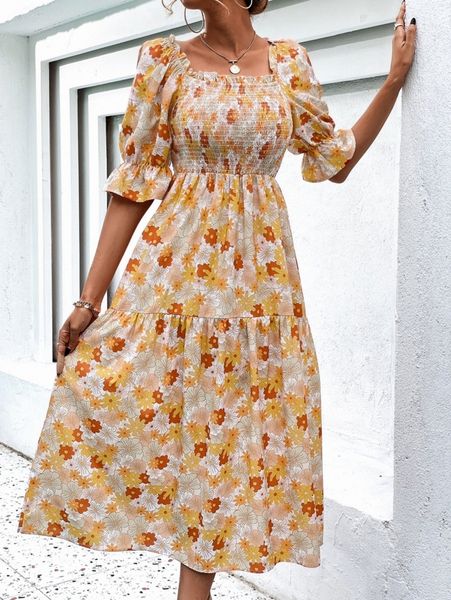 

random allover floral print shirred frill trim puff sleeve dress b2em#, Black;gray