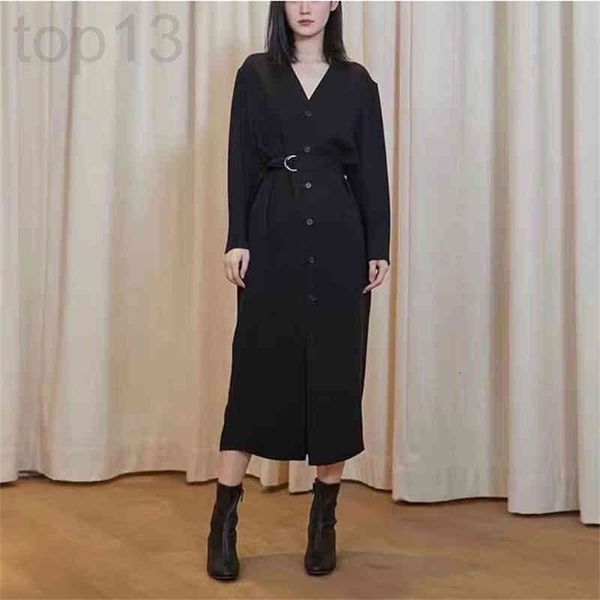 

casual dresses designer ic xiaohe 22 spring new simple temperament black v-neck lace up single breasted long sleeved dress women's skir, Black;gray