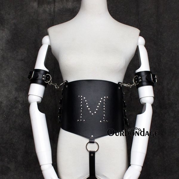 Ourbondage M Weiblicher PU-Leder-Ganzkörper-Taillen-Bondage-Body mit Armbinder-Manschetten-Riemen und Hosengürtel für Frauen, sexy Spielzeug