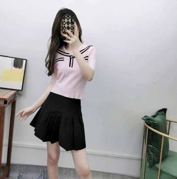 

603 l 2022 runway summer brand same style sweater pink lapel neck short sleeve women's sweaters yingjie, White;black