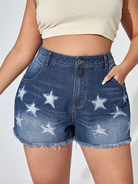 

plus bleach wash star ripped frayed raw hem denim shorts i84n#, White;black