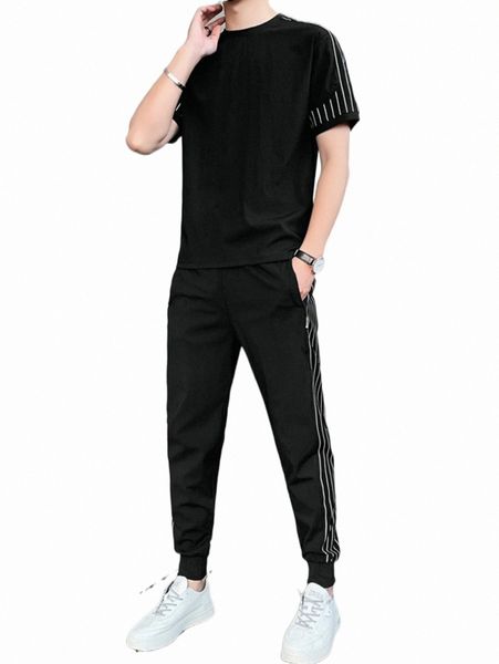 

men vertical striped tee & pants l4ie#, Gray