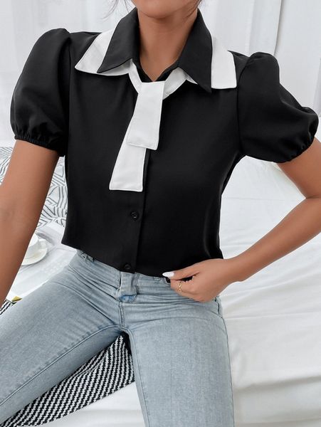 

colorblock tie neck puff sleeve blouse d9el#, White