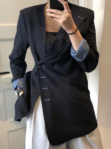 

women's suits & blazers asymmetric slanted design snese blazer women striped long sleeve suit jackets 2022 antumn fashion tide clothes, White;black