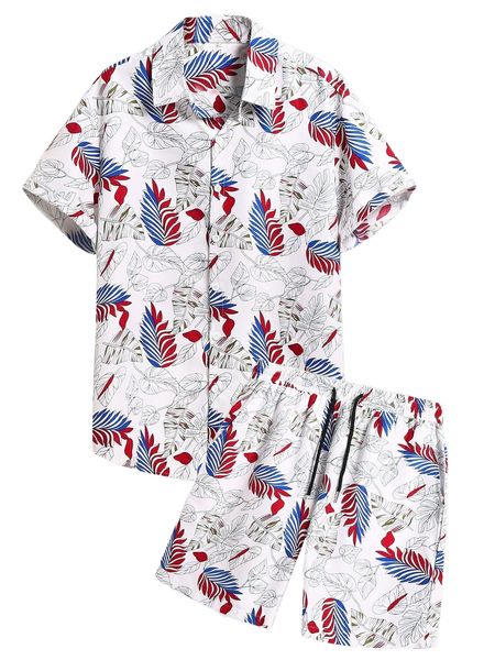 

men allover plant print shirt & drawstring waist shorts i4al#, Gray