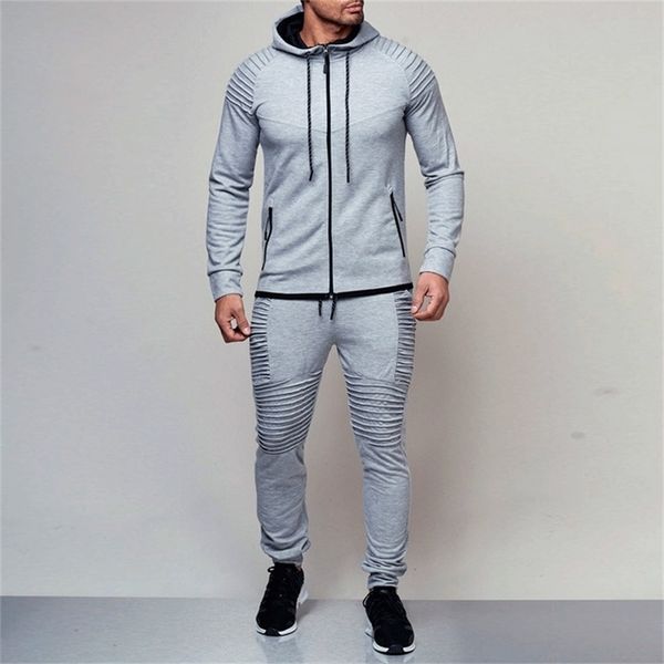 

2 pieces sets tracksuit men new brand autumn winter hooded sweatshirt drawstring pants male stripe patchwork hoodies bigsweety lj201117, Gray