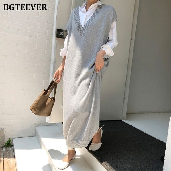 

bgteever chic casual winter oversize straight sleeveless sweater dres thick knit long dress female knitted vest dress y200102, White;black