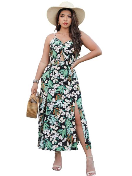 

plus allover floral print twist front cut out slit hem cami dress 87lj#, Black