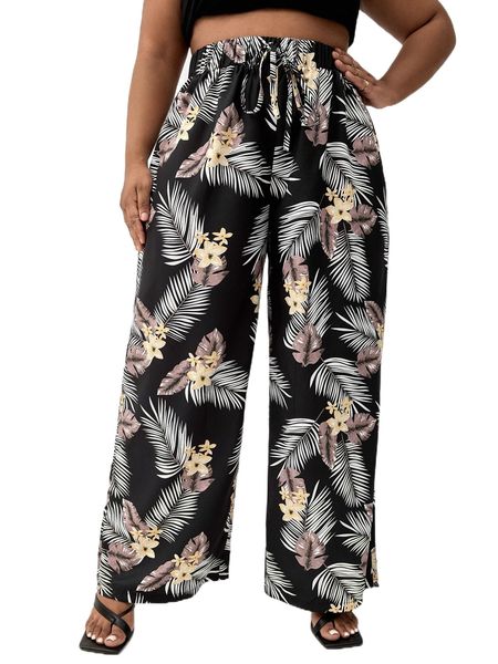 

plus tropical print knot front wide leg pants 34bc#, Black
