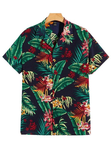 

men tropical print lapel neck shirt r8ro#, White;black