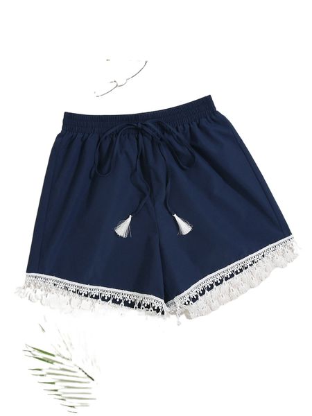 

contrast guipure lace tassel tie front shorts q7nu#, White;black