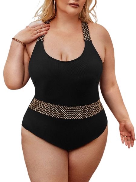 

plus sequin detail crisscross back rib-knit one piece swimsuit q8nb#, White;black