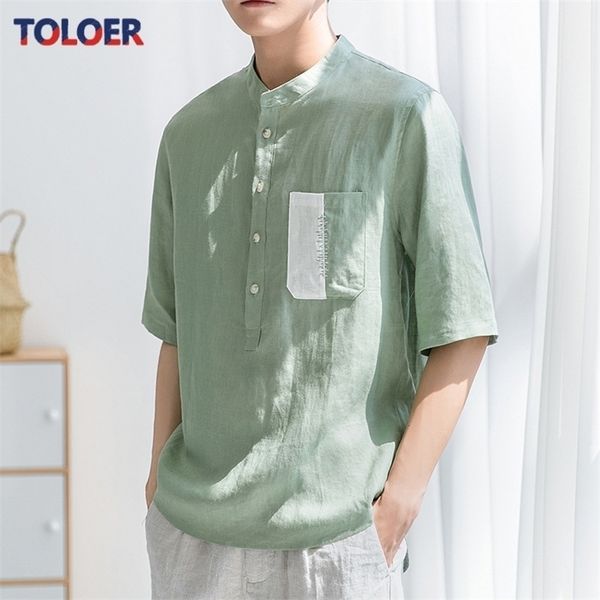 

pure linen shortsleeved tshirt mens standup collar summer thin highend trendy halfsleeved cotton and linen casual 220615, White;black