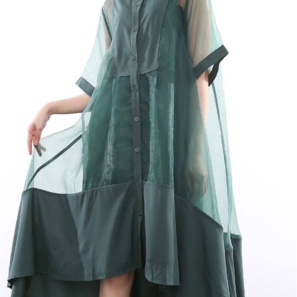

[eam] women green organza irregular big size shirt dress stand collar half sleeve loose fashion spring summer jt58106 220426, Black;gray