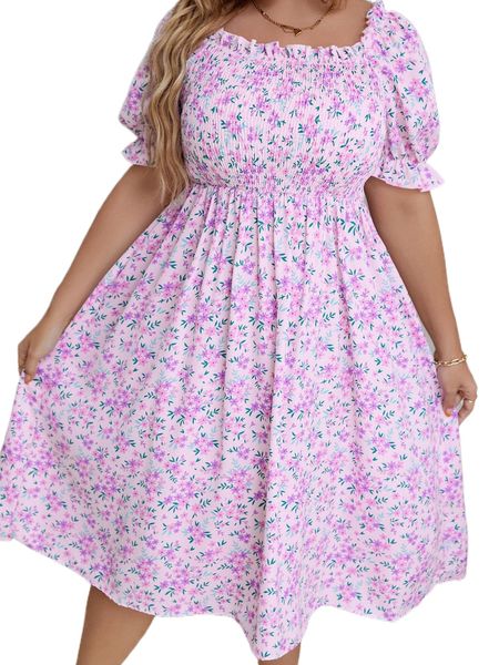 

plus ditsy floral frill trim shirred dress q5g9#, Black