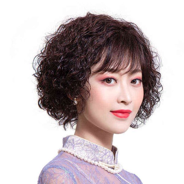 

nxy wigs wig lady middle aged and elderly simulated short curly hair naturally inclined qi bangs all human hand woven mother's full hea, Black