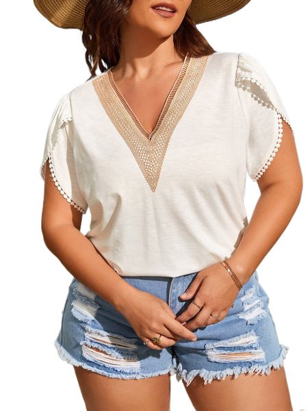 

plus colorblock petal sleeve v neck tee g92k#, Black