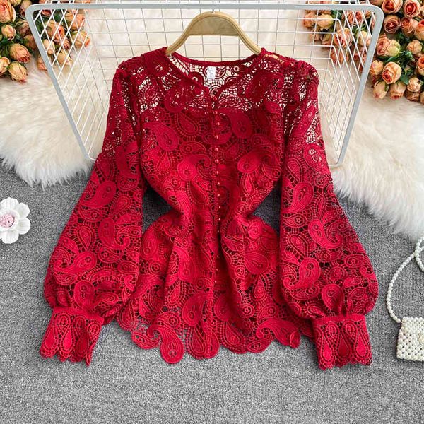 

women's blouses shirts autumn style super fairy design sense round neck hollow hook flower lace shirt foreign short 9y0i, White