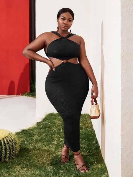 

sxy plus tie backless o-ring front bodycon dress s5yw#, Black