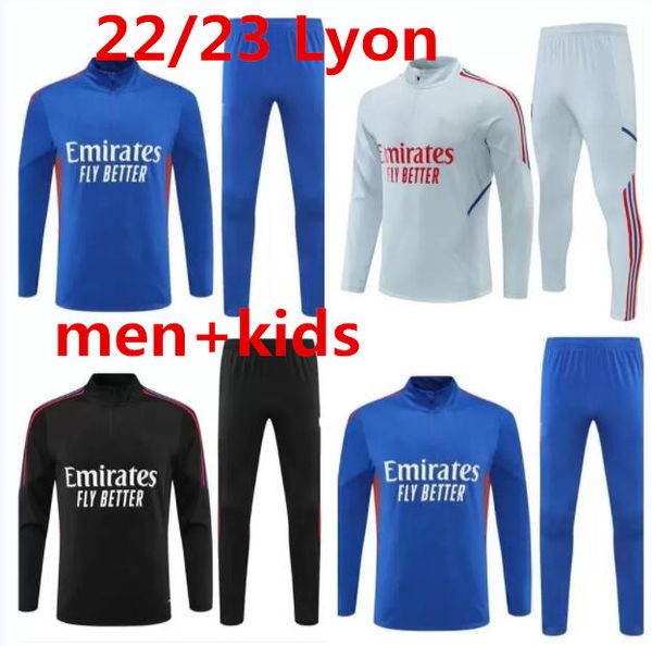 

22 23 lyon soccer tracksuit jacket survetement 2022 2023 men and kids lyonnais l.paqueta ol aouar football training suit jogging sets, Black