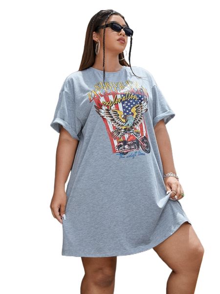 

plus eagle & american flag print drop shoulder tee dress d4zg#, Black