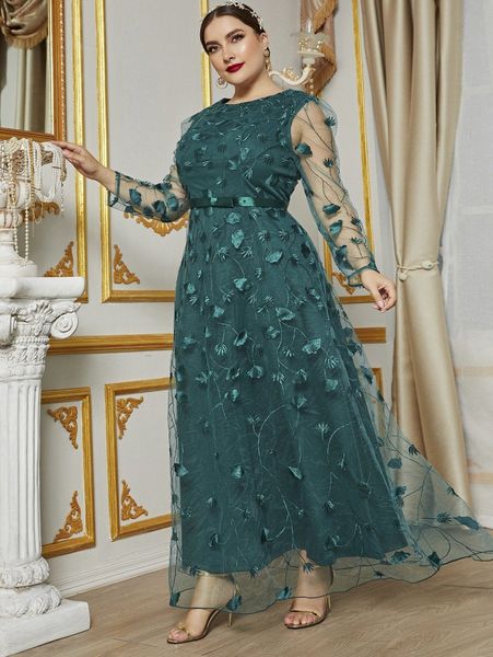 

plus floral embroidery puff sleeve mesh dress g6q7#, Black