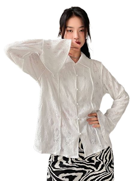 

dazy solid flounce sleeve button front blouse 40bh#, White