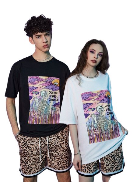 

romwe x sadskelly skeleton print oversized tee w6gf#, White;black