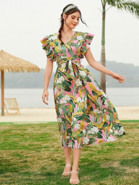 

ruffle cuff allover floral belted dress p1tn#, Black;gray