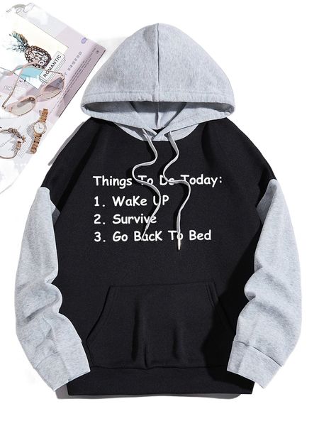 

two tone slogan graphic kangaroo pocket drawstring hoodie n1au#, Black
