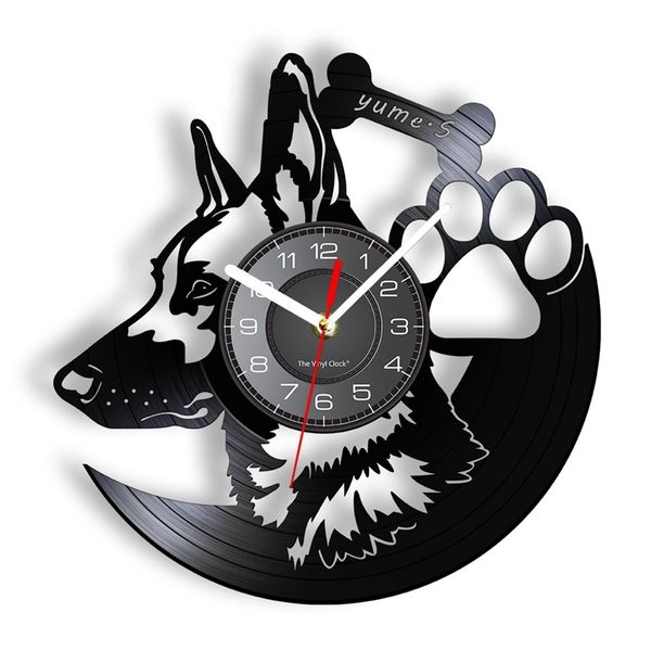 Deutscher Schäferhund, Heimdekoration, Rassen, Vinyl-Schallplatte, Vintage-Wanduhr mit individuellem Namen, Geschenk für Hundeliebhaber, 220615