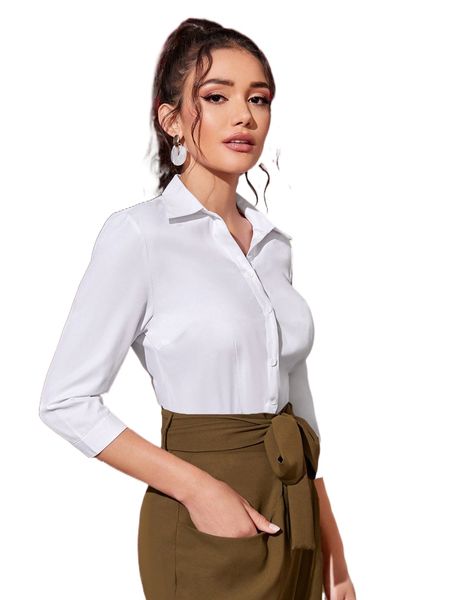 

solid button front blouse y3ts#, White