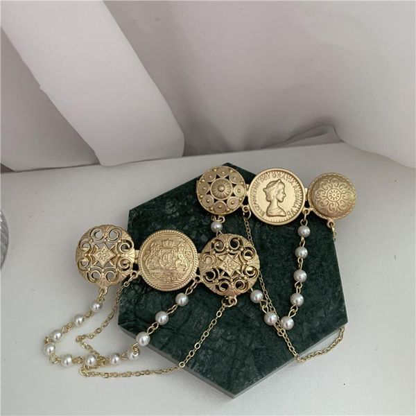 

pins, brooches head portrait pins brooch fashion long chain tassel pearl charm pendant round for women exquisite jewelry, Gray