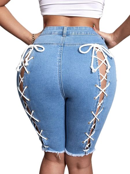 

sxy cut out lace up back bermuda skinny denim shorts f92z#, White;black