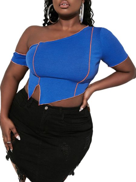 

sxy plus stitching asymmetrical neck slit hem tee 11ku#, Black