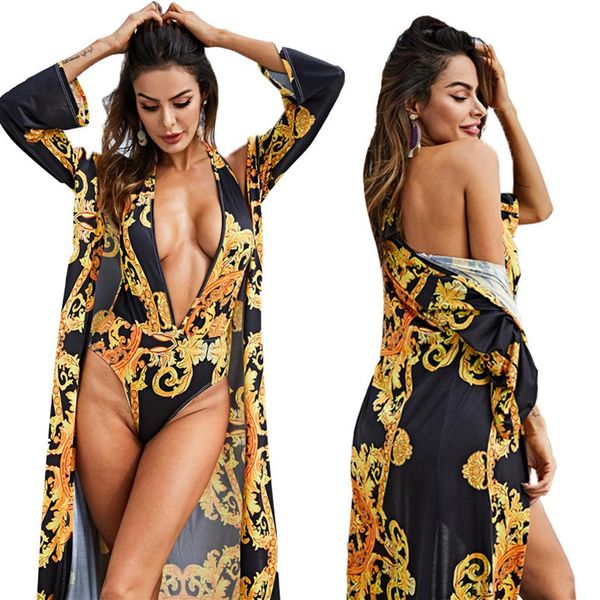 

printing long sleeve cover up women s designer bathing suit two piece set one piece v neck swimsuit swimwear289t