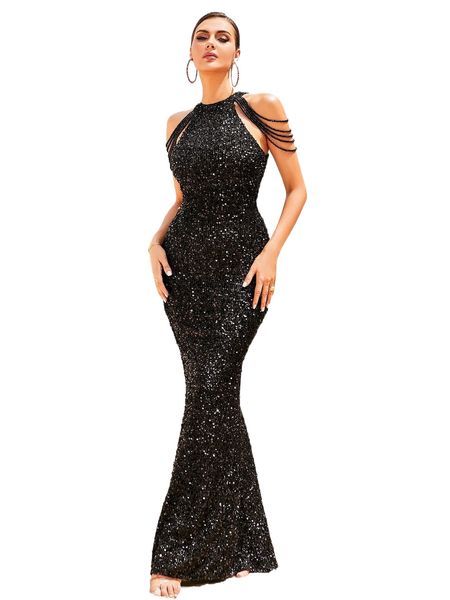 

love&lemonade rhinestone chain sleeve halter sequin dress z8oo#, Black;gray