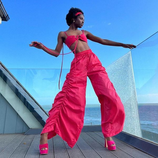 

women's two piece pants casual elastic waist wide leg fashion streetwear women's 2022 summer high shirring loose cargo female trou, White