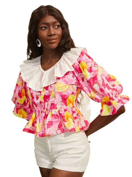 

newness fruit print ruffle trim peplum x5ak#, White