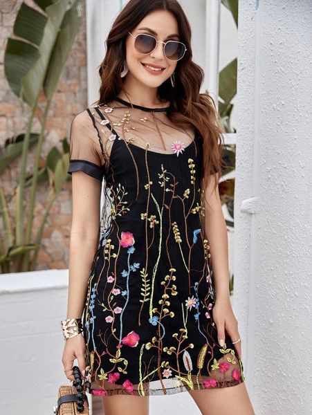 

floral embroidery mesh dress without camisole 25kn#, Black;gray