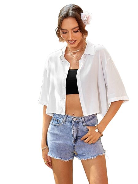 

button front crop shirt e9fe#, White