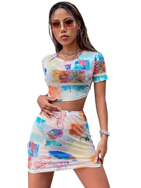 

tie dye crop mesh tee & bodycon skirt without lingerie x6zn#, White