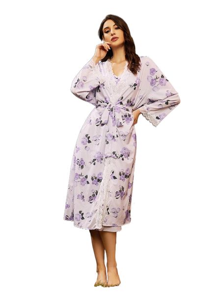

floral print lace trim belted robe f9vo#, Black;red