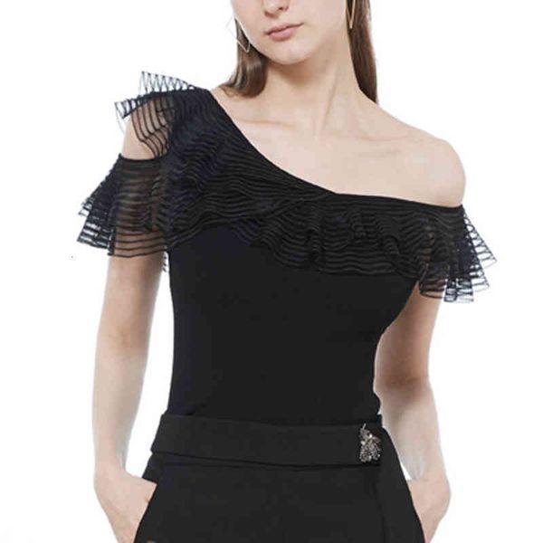

women's sweaters women's summer diagonal shoulder off slim fitting mesh ruffle stitching ice fashion sweater 8wm9, White;black