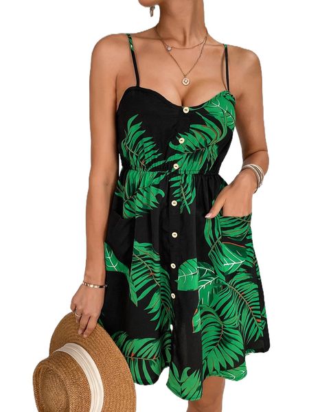

tropical print fake button shirred back cami dress l0h7#, Black;gray