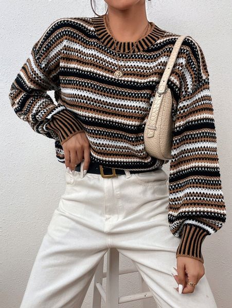 

drop shoulder lantern sleeve striped colorblock sweater u2m2#, White;black