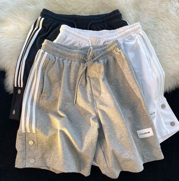 

new three bar breasted drawstring casual sports shorts capris lovers, White;black