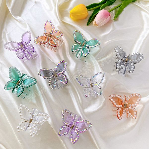 

summer transparent butterfly hair claws clmaps pearls laser hair clips geometric hairpins women ponytail clip hair accessories, Slivery;golden